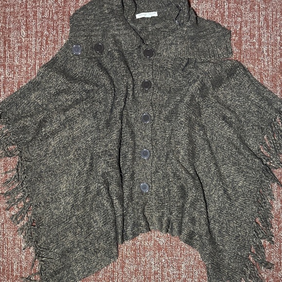 Carolyn Taylor Sweaters - Carolyn Taylor Chocolate brown knit Button-Up Poncho fringe cozy comfy warm OSFA